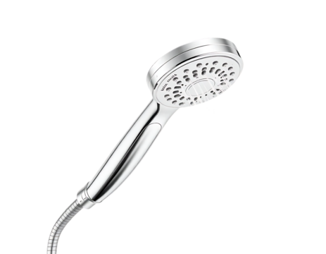 Shiny Chrome Handheld Showerhead on Transparent Background