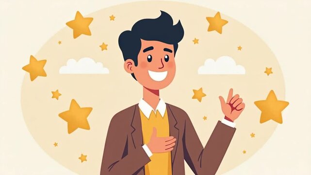 Appreciate high performance employee, 4k animation of joyful achievement entrepreneur with gratitude thumbs up clapping, stars and award.