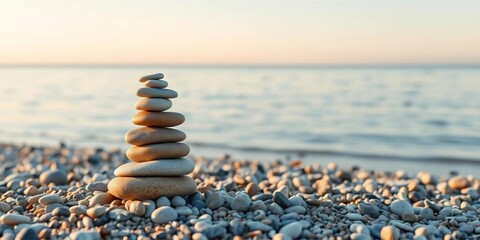 Serene beach pebble tower, balancing stones symbolize inner peace and well-being, beach,  sand