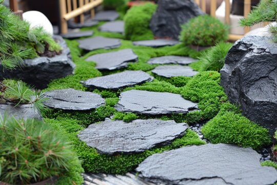 A serene Japanese garden path with flat stones, lush green moss, pine trees, and decorative rocks. - Powered by Adobe