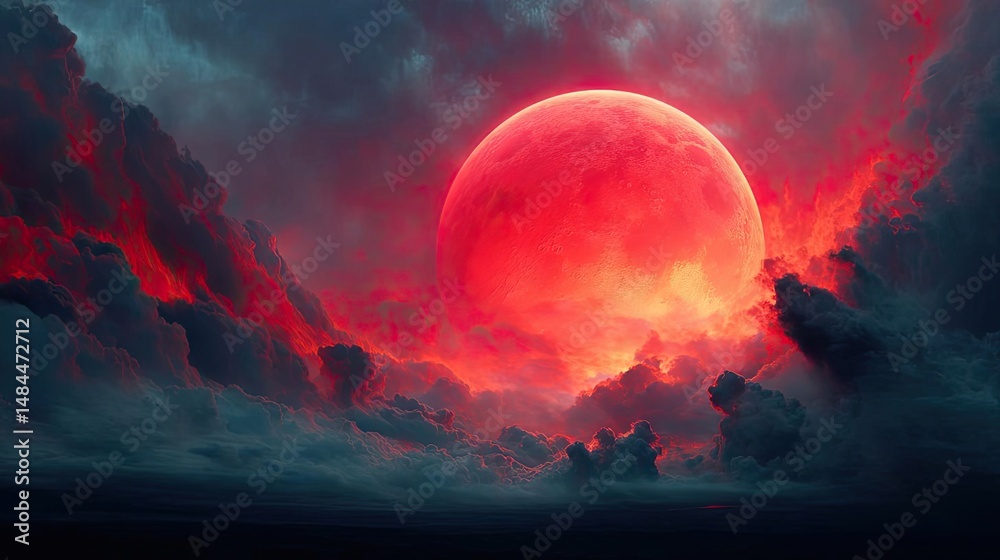 Poster red moon behind black clouds with abstract fire and smoke concept. a striking red moon illuminates o