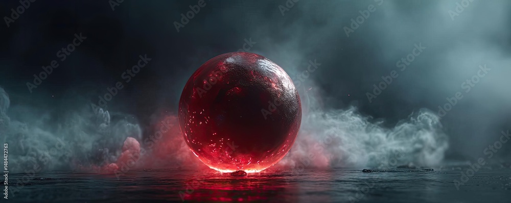 Poster red moon behind black clouds with abstract fire and smoke concept. a mysterious red sphere emanates 