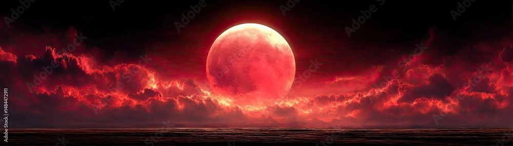 Aufkleber red moon behind black clouds at night with abstract fire concept. a striking image of a blood moon s