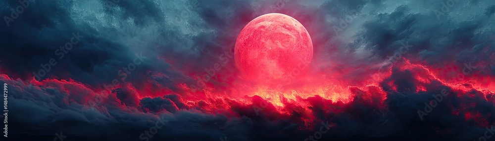 Aufkleber red moon behind black clouds at night with abstract fire concept. a dramatic sky featuring a vibrant