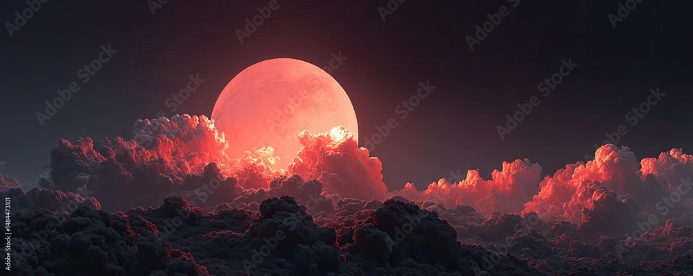 Poster red moon behind black clouds at night with abstract fire concept. stunning red moon rising over dark