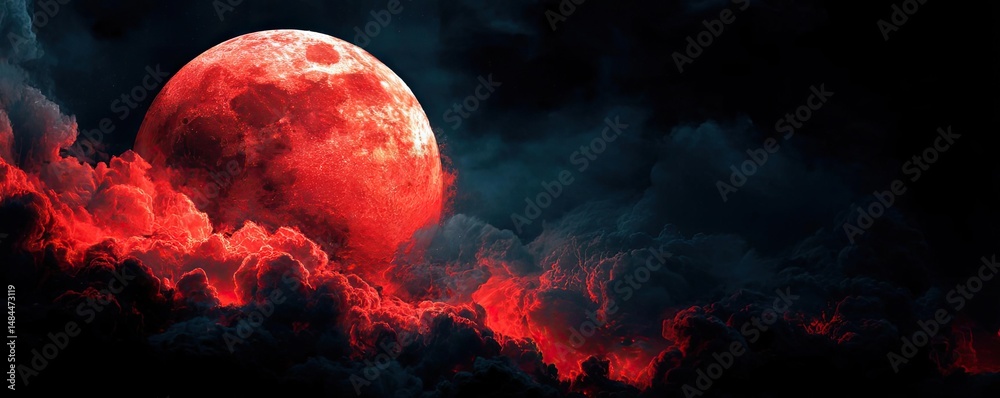 Aufkleber red moon behind black clouds at night with abstract fire concept. a haunting red moon illuminating d