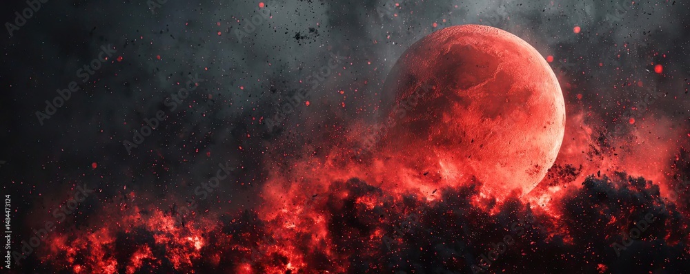 Poster red moon behind black clouds with abstract fire and smoke concept. a captivating cosmic scene featur