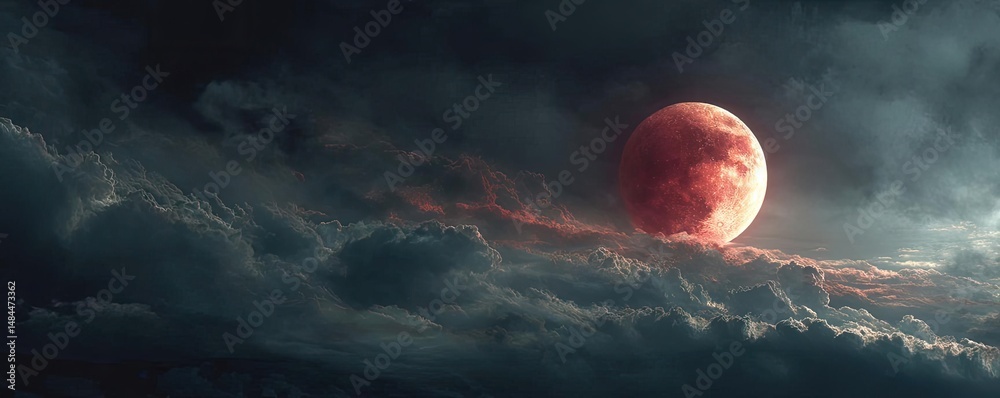 Poster red moon behind black clouds in dark abstract sky concept. a breathtaking view of a red moon hauntin