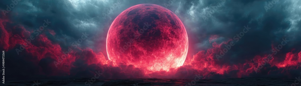 Poster red moon behind black clouds at night with abstract fire concept. a breathtaking view of a glowing r