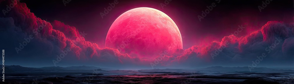 Poster red moon behind black clouds with abstract fire and smoke concept. a surreal landscape featuring a l