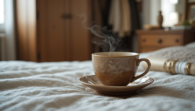 "A creamy badami tea in a cup on a wooden surface, gently placed on a bed (hint), and a wardrobe in the distance. Blur surroundings."

