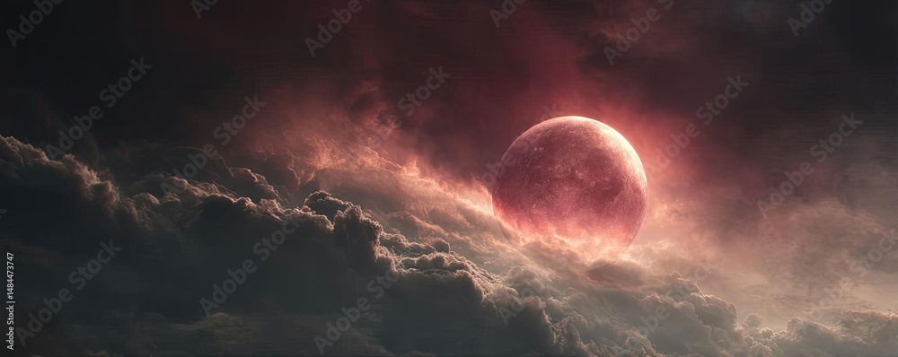 Aufkleber Red moon behind black clouds in dark abstract sky concept. A stunning view of a red moon emerging from dark clouds.