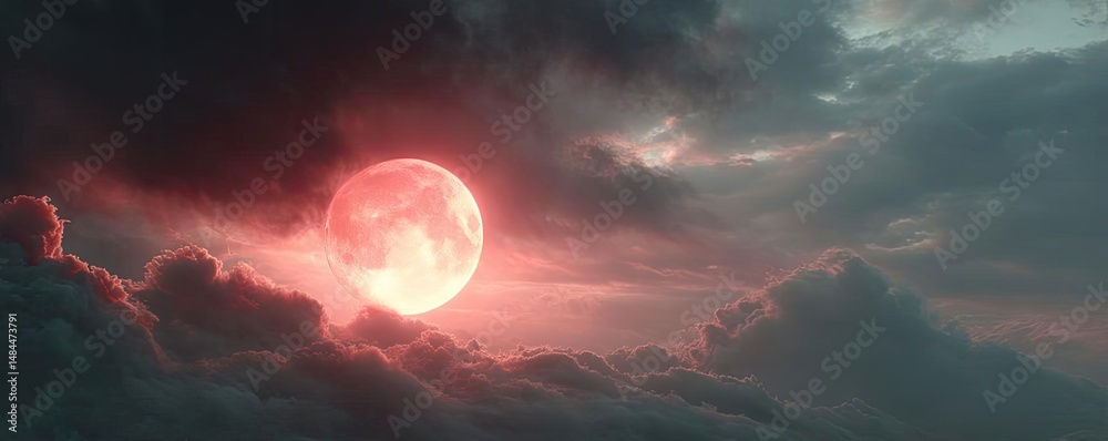 Poster red moon behind black clouds in dark abstract sky concept. a stunning moonrise casting a pink glow o