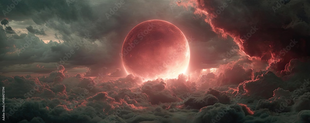 Poster red moon behind black clouds in dark abstract sky concept. stunning view of a blood moon illuminatin