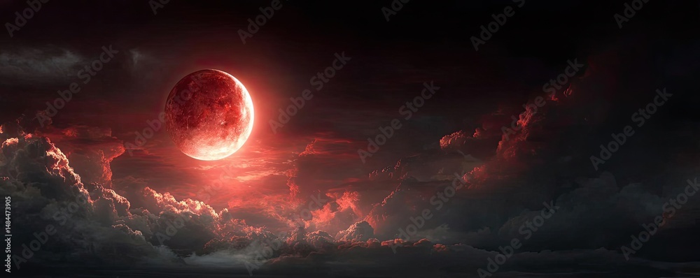 Aufkleber red moon behind black clouds in dark abstract sky concept. a captivating red moon illuminating the d