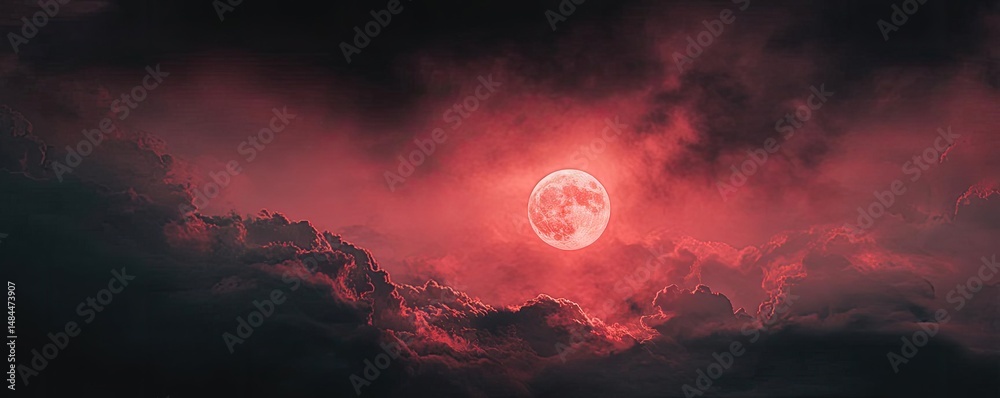 Aufkleber red moon behind black clouds in dark abstract sky concept. a stunning red moon illuminating a dark, 