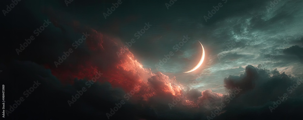 Poster red moon behind black clouds in dark abstract sky concept. a stunning twilight sky with a crescent m