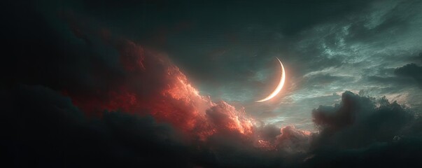 Red moon behind black clouds in dark abstract sky concept. A stunning twilight sky with a crescent moon and dramatic clouds.