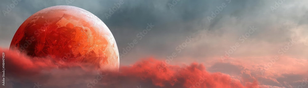 Poster red moon behind black clouds with abstract fire and smoke concept. stunning planetary scene with a v