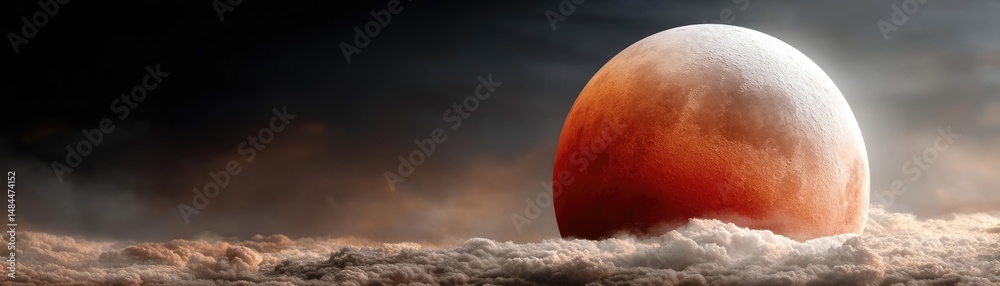 Aufkleber Red moon behind black clouds with abstract fire and smoke concept. A stunning view of a red planet emerging from dark clouds.