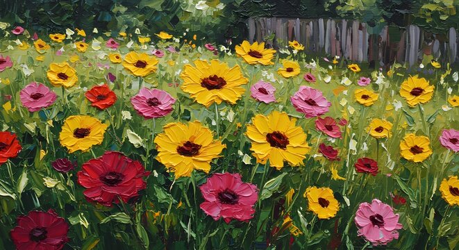Vibrant Summer Wildflower Meadow: Impasto Floral Painting
