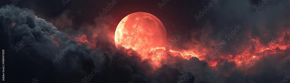 Poster red moon behind black clouds at night with abstract fire concept. a stunning red moon illuminated am