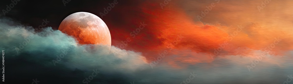Poster Red moon behind black clouds at night with abstract fire concept. A breathtaking view of a celestial event with vibrant clouds.