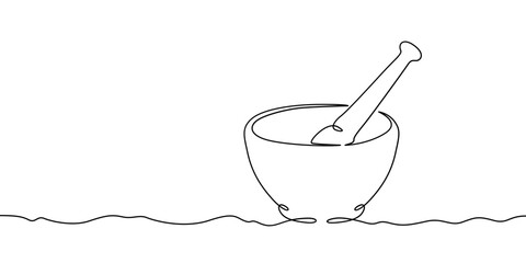 Continuous one line drawing medical mortar. Mortar and pestle for preparing medicines. One continuous line isolated minimal illustration.Not AI.