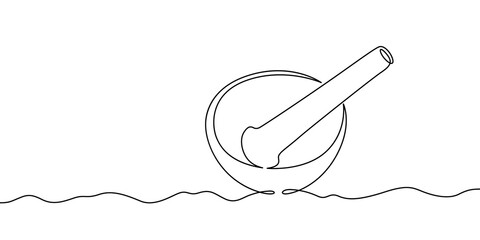 Continuous one line drawing medical mortar. Mortar and pestle for preparing medicines. One continuous line isolated minimal illustration.Not AI.