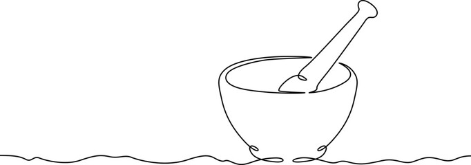 Continuous one line drawing medical mortar. Mortar and pestle for preparing medicines. One continuous line isolated minimal illustration.Not AI.
