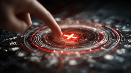 Digital Deletion: A close-up shot of a finger pressing a red button, with digital red cross symbol, creating a visual metaphor for digital deletion, cancellation, or error.