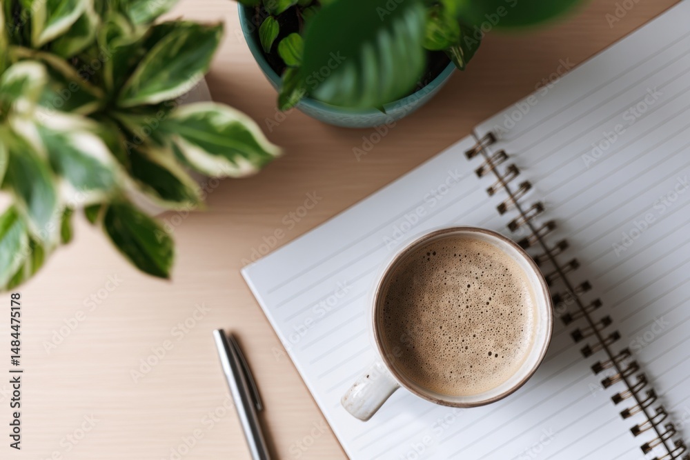 Poster overhead view of coffee cup on open notebook with pen and potted plant, representing morning routine