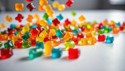 Colorful gummy candies scattered on white surface with playful and vibrant atmosphere, capturing fun and sweet appeal of candies