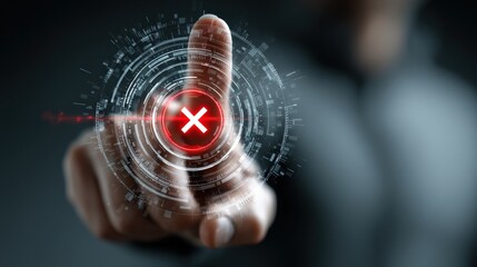 Decisive Rejection: A hand extends towards the viewer, finger poised on a red "X" button at the center of a swirling technological interface, symbolizing a clear and immediate rejection.  