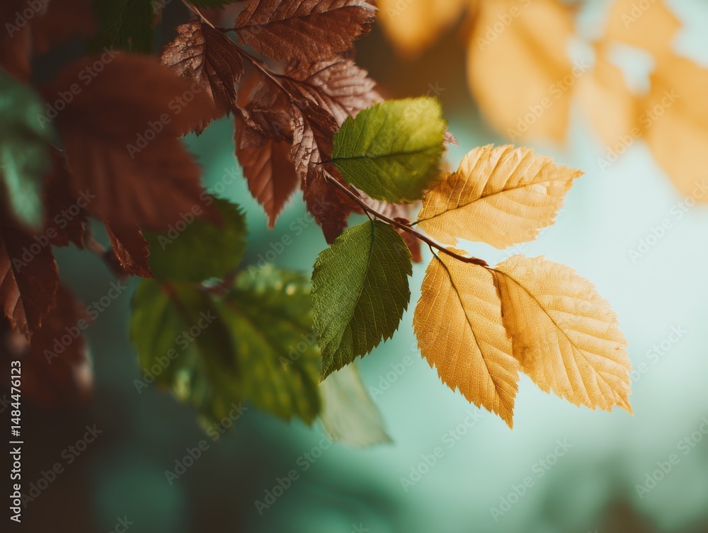 Poster close up view of autumn tree branch with colorful leaves showing seasonal change and natural transit