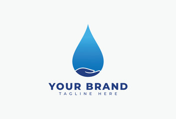 Water Care Logo with Liquid and Hand Icon Design Element 