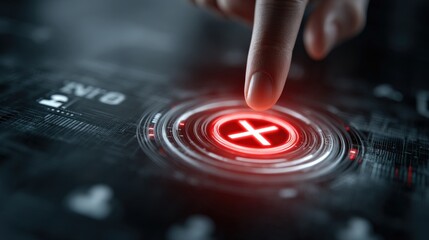 Decisive Action: A finger hovers above a glowing red button, poised to press the cross symbol, conveying a sense of urgency and decisive action within a futuristic, technological context.