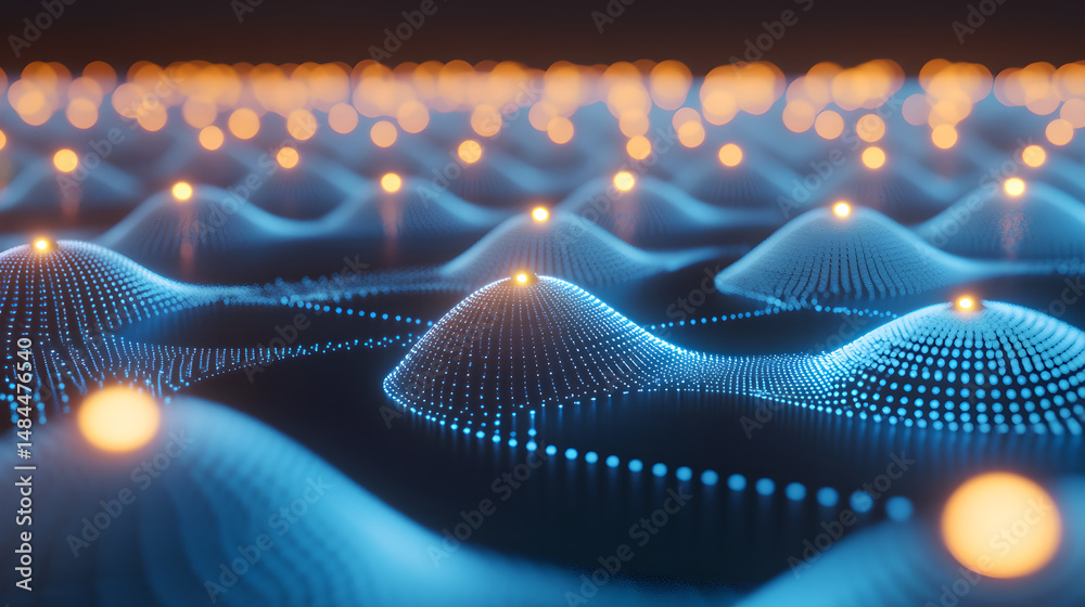 Wall mural a close-up shot of a sleek, futuristic array of superconducting qubits with glowing blue lights, sur