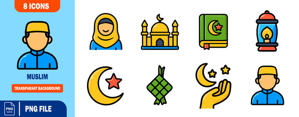 Muslim Culture Icon Set 8 Colorful PNG Icons for Eid, Ramadan, and Islamic Design Projects