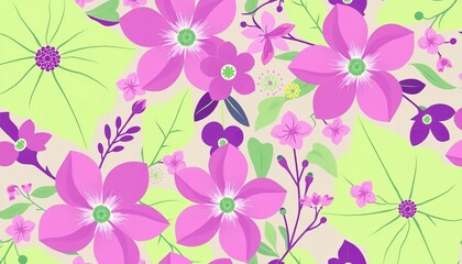 Fototapeta premium Retro pastel green purple botanical abstract seamless pattern with flowers and plants Vector illustration, art, textile