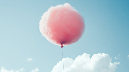 An imaginative outdoor image displays a floating balloon shaped from cotton candy, set against a white background. 