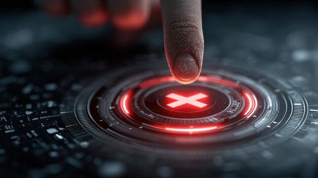 Cybernetic Termination: A finger poised to deactivate a digital process, spotlighting technology's intricate relationship with control.