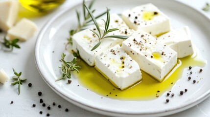 Cubes of fresh feta cheese drizzled with olive oil and herbs on a plate