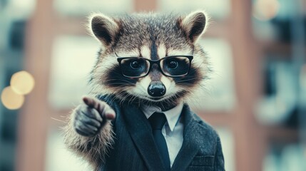 Raccoon in Suit with Glasses Pointing as if to Address an Audience in an Urban Setting