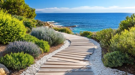 Obraz premium Coastal wooden walkway path through landscaped garden leads to ocean