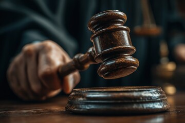 Judge's Hand Holding Gavel Above Sound Block in Courtroom Setting, Symbolizing Justice Law Authority and Final Decision Making for Legal Concepts : Generative AI