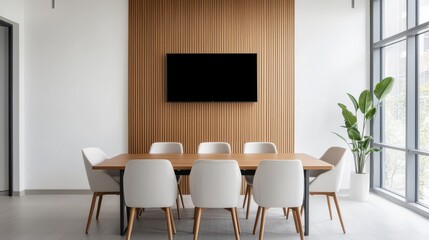 Modern Conference Room with Wooden Accent Wall and Elegant Seating for Professional Meetings and Presentations