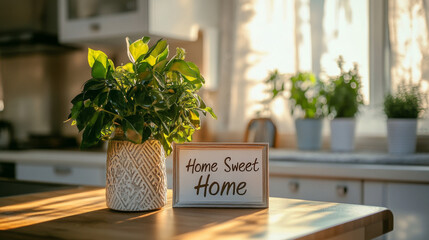 Bright kitchen featuring a "Home Sweet Home" sign and greenery in a vase