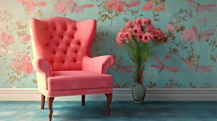 Bright living room scene with pink velvet chair, floral arrangement, and ornate wallpaper featuring dragonflies. 
