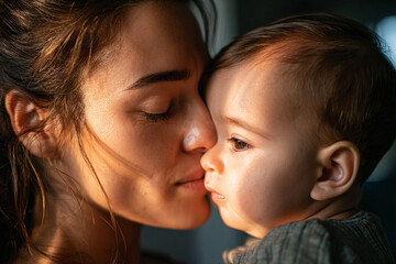 mother's day, Close up of beautiful child hugging mother, kid giving hug to happy mother. Lovely child hugging cheerful and proud woman for mother's day.	